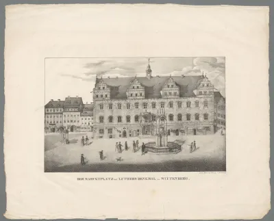 Gezicht op het marktplein van Wittenberg met Luther-monument
