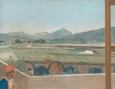 Gezicht op het Mont Blanc-massief vanuit het atelier van de kunstenaar te Genève, met zelfportret