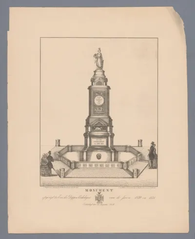 Gezicht op het Monument aan de Volksgeest op de Dam in Amsterdam