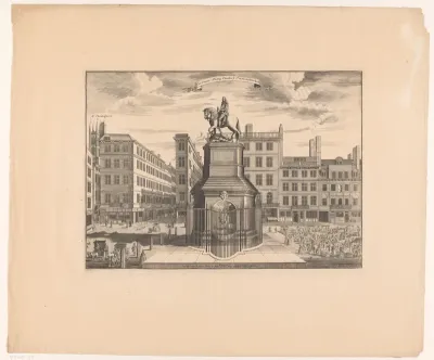 Gezicht op het monument met het beeld van Karel II, koning van Engeland