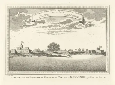 Gezicht op het Nederlandse en het Engelse fort te Kommendo