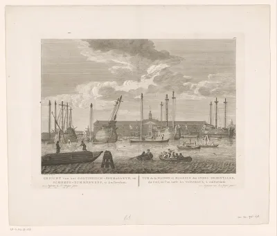 Gezicht op het Oost-Indisch Zeemagazijn en de VOC-scheepswerf op Oostenburg te Amsterdam
