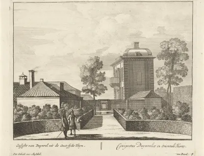 Gezicht op het oostelijke deel van de tuin en het huis van buitenplaats Duinrell
