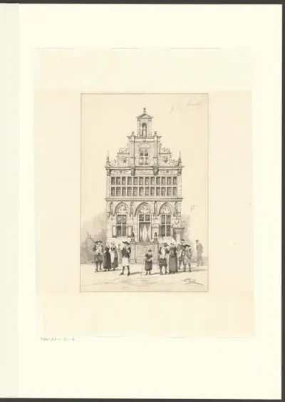 Gezicht op het oud-Hollands stadhuis gebouwd voor de tentoonstelling van Voedingsmiddelen op het Museumplein van 1887