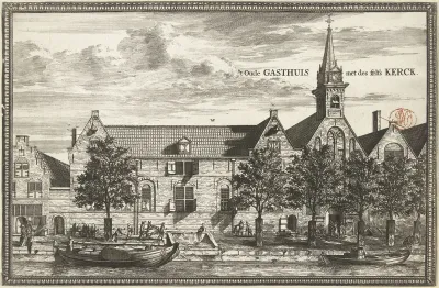 Gezicht op het Oude Gasthuis en bijhorende kerk te Delft
