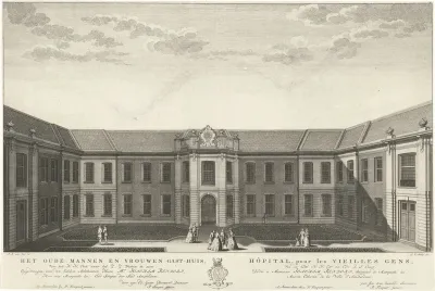 Gezicht op het Oude Mannen- en Vrouwenhuis (Oudemannenhuis) te Amsterdam, gezien vanuit het noordoosten
