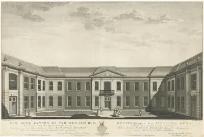 Gezicht op het Oude Mannen- en Vrouwenhuis (Oudemannenhuis) te Amsterdam, gezien vanuit het zuidwesten