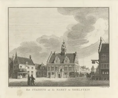 Gezicht op het Oude Stadhuis en de markt te Ysselstein
