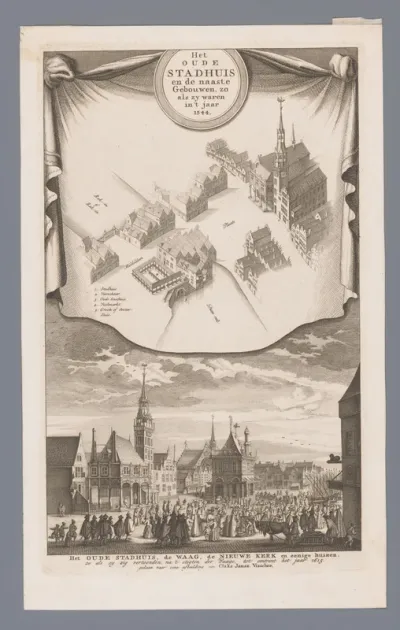 Gezicht op het Oude Stadhuis te Amsterdam en de naastgelegen gebouwen