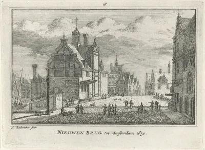 Gezicht op het Paalhuis en de Nieuwe Brug te Amsterdam, 1650