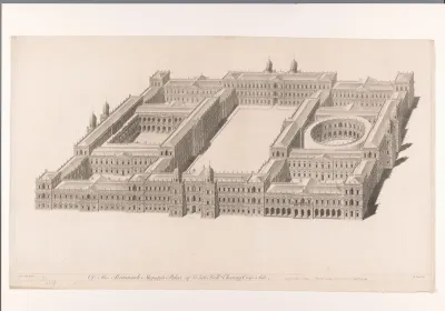 Gezicht op het Palace of Whitehall, in vogelvluchtperspectief