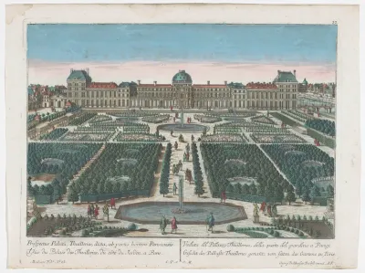 Gezicht op het Palais des Tuileries te Parijs gezien vanaf de Jardin des Tuileries