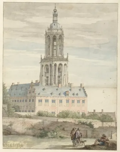 Gezicht op het paleis van Frederik V van de Palts en de Sint-Cunerakerk te Rhenen