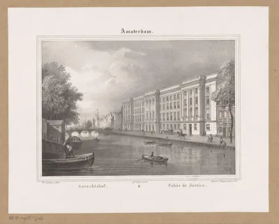 Gezicht op het Paleis van Justitie te Amsterdam vanaf de Prinsengracht