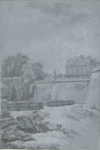 Gezicht op het park en een vleugel van kasteel Saint-Cloud