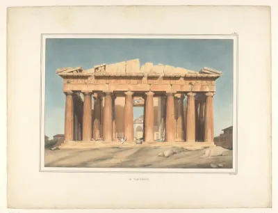 Gezicht op het Parthenon met zittende pijprokende figuur