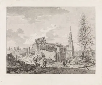Gezicht op het Rapenburg te Leiden met de toren van de Saaihal na de buskruitramp van 12 januari 1807