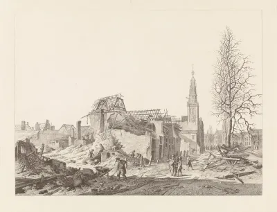 Gezicht op het Rapenburg te Leiden met de toren van de Saaihal na de buskruitramp van 12 januari 1807