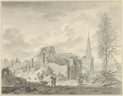 Gezicht op het Rapenburg te Leiden na de Buskruitramp van 12 januari 1807
