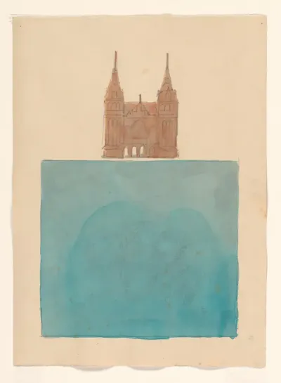 Gezicht op het Rijksmuseum, zijde Stadhouderskade, boven een blauw vlak