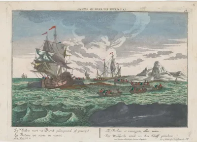 Gezicht op het roeien van de walvissen naar de schepen