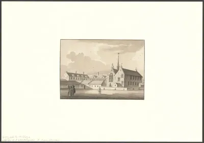 Gezicht op het Sint Luciënklooster aan de Nieuwezijds Voorburgwal