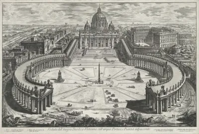 Gezicht op het Sint-Pietersplein met de Sint-Pietersbasiliek te Vaticaanstad