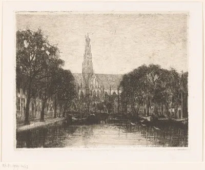 Gezicht op het Spaarne en de Grote of Sint-Bavokerk in Haarlem