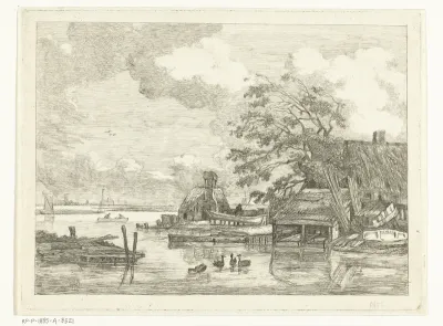 Gezicht op het Spaarne met scheepstimmerwerf en washuis bij Haarlem