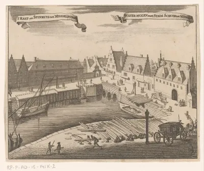 Gezicht op het Spin- en Rasphuis, Getijdenmolen en Stadsschuur te Middelburg