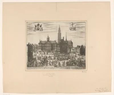 Gezicht op het Stadhuis, de Nieuwe Kerk en de Waag op de Dam te Amsterdam