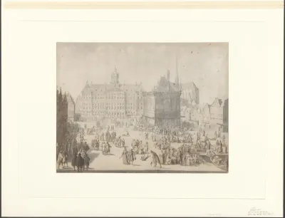 Gezicht op het Stadhuis, de Waag en de Nieuwe Kerk op de Dam