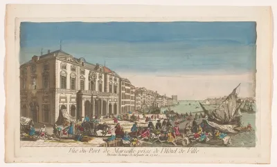 Gezicht op het Stadhuis en de haven te Marseille met slachtoffers getroffen door de pest in 1720