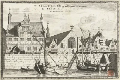 Gezicht op het stadhuis en de Oude of Pelgrimvaderskerk te Delfshaven