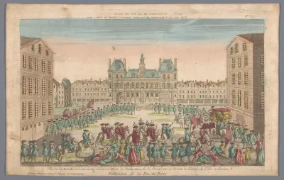 Gezicht op het Stadhuis te Parijs met een stoet ter afkondiging van de vrede