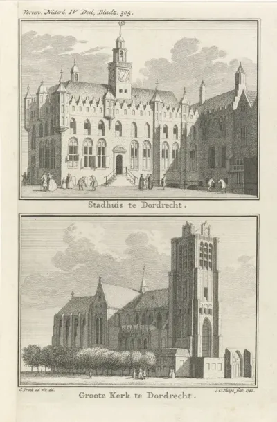 Gezicht op het stadhuis van Dordrecht / Gezicht op de Grote Kerk te Dordrecht