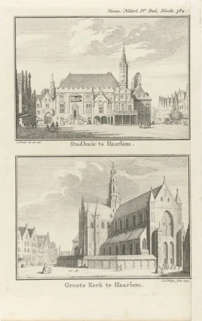 Gezicht op het stadhuis van Haarlem / Gezicht op de Sint-Bavokerk te Haarlem