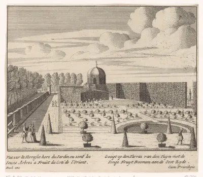 Gezicht op het terras met jonge fruitbomen in de tuinen van Huis ten Bosch