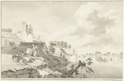 Gezicht op het Valkhof te Nijmegen en de doorgebroken sluizen bij de Ooischendijk, 1784