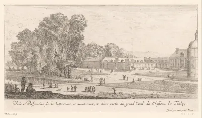 Gezicht op het voorplein en binnenplaats van het kasteel van Tanlay, met links vooraan het kanaal