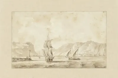 Gezicht op het water bij een rotsachtige kust (Italië?)