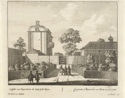 Gezicht op het westelijke deel van de tuin en het huis van buitenplaats Duinrell