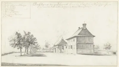 Gezicht op het woonhuis op de plantage Palmeneribo
