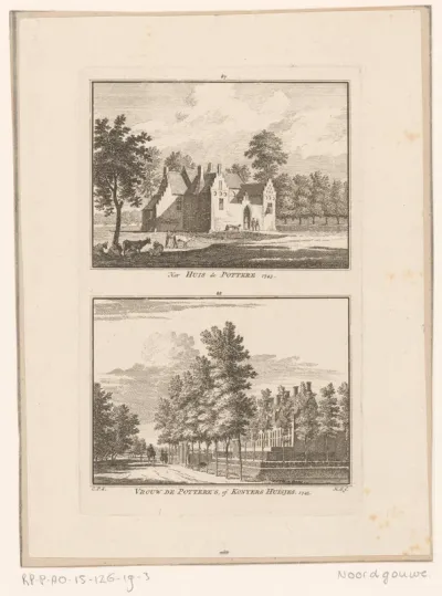 Gezicht op Huis de Pottere en gezicht op de Potterhuisjes te Noordgouwe, 1745
