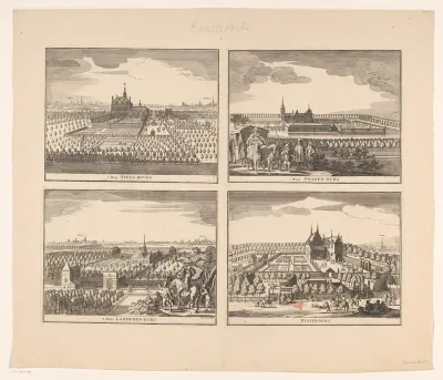 Gezicht op Huis Steenhoven, Huis Swanenburg, Huis Lammerenburg en Huis Rustenburg