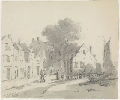 Gezicht op huizen aan de rand van Delft, rechts een vaart