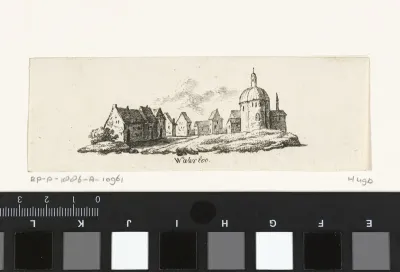 Gezicht op huizen en een kerk