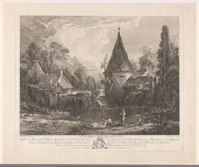 Gezicht op huizen en een toren aan een vijver