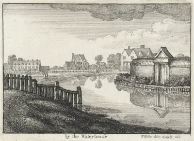 Gezicht op huizen langs een rivier in de buurt van Londen