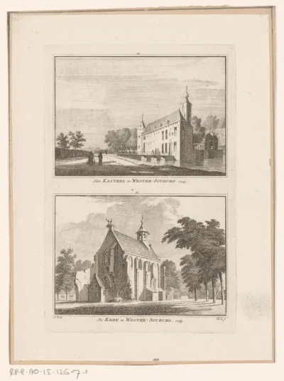 Gezicht op Kasteel Aldegonde en gezicht op de kerk te West-Souburg, 1743